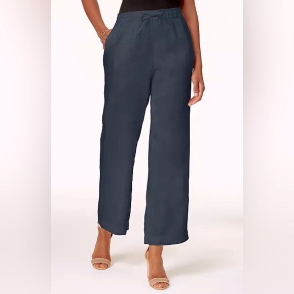 CHARTER CLUB Linen Wide Leg Pants NEW Navy Blue Pull On Stretch Plus Size 1X - Picture 1 of 16